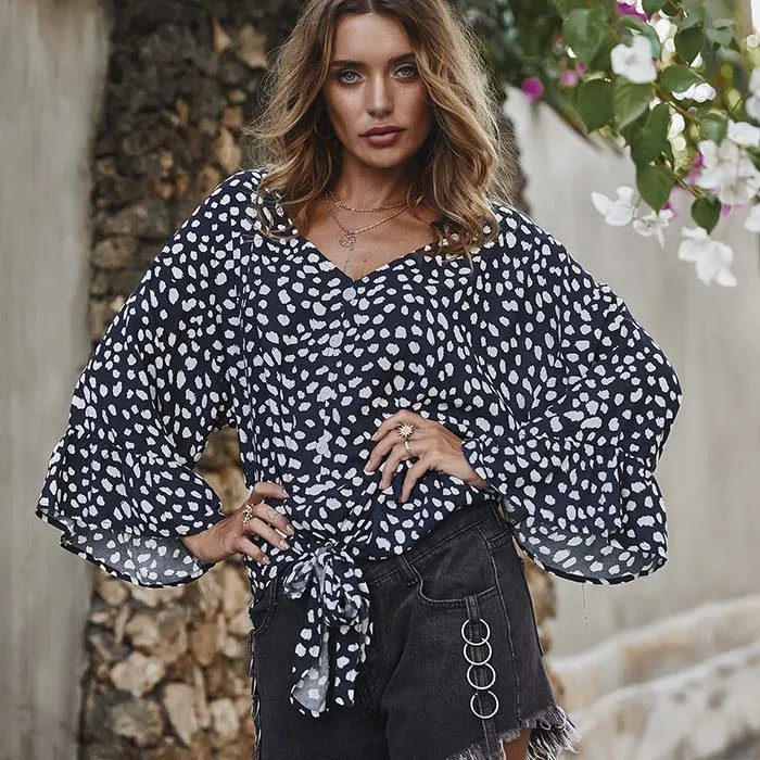 Women V Neck Lace-Up Dot Print Blouse