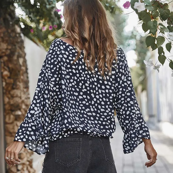 Women V Neck Lace-Up Dot Print Blouse