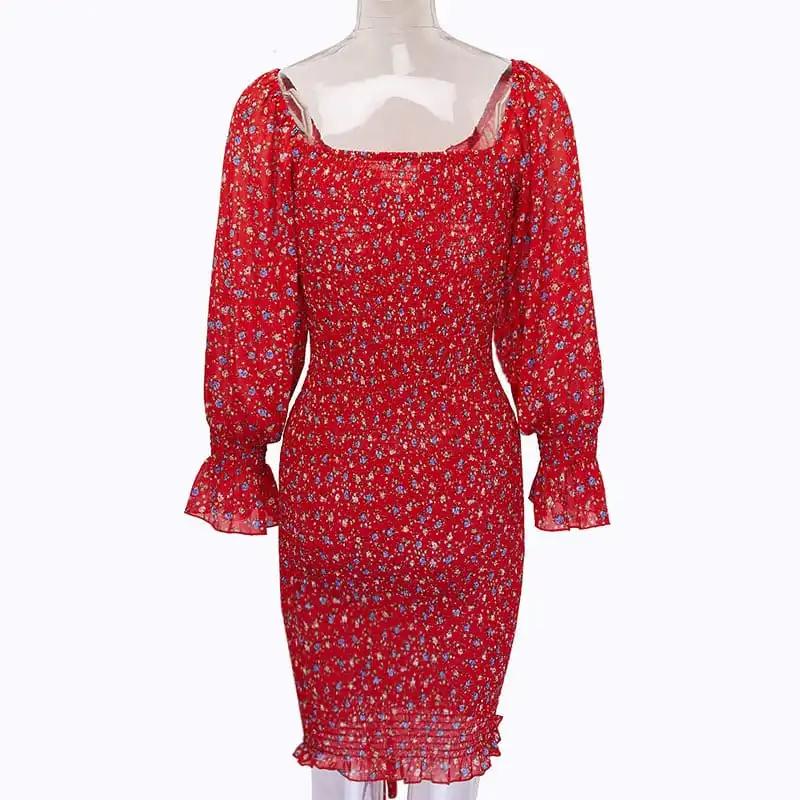 Women Fashion Floral Printed Ruffled Crease Dress