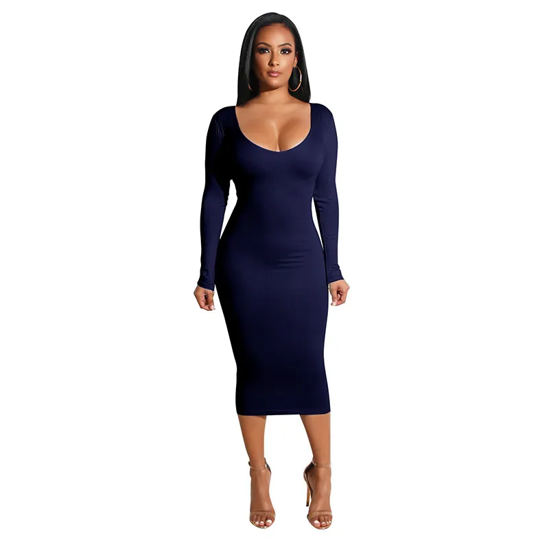 Sexy Scoop Neck Long-Sleeve Hollow Solid Color Bodycon Dress
