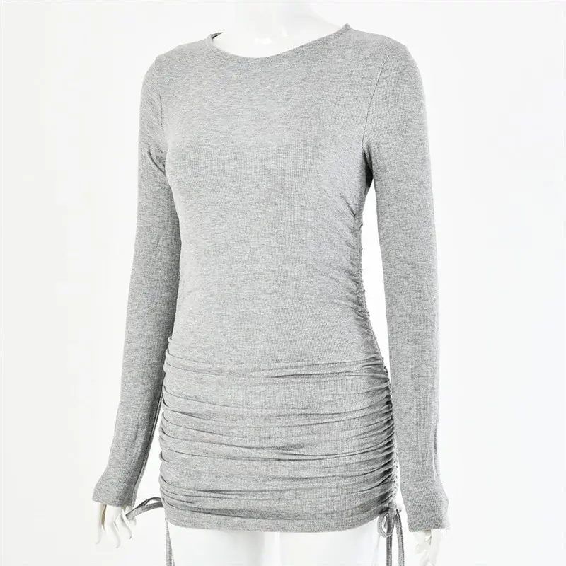 Women Fashion Solid Color Long Sleeve Drawstring Dress