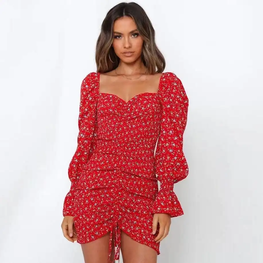 Women Fashion Floral Printed Ruffled Crease Dress
