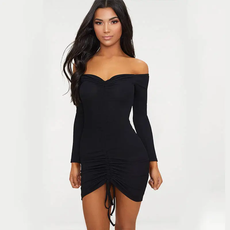 Women Sexy Off-The-Shoulder Long Sleeve Drawstring Mini Dresses