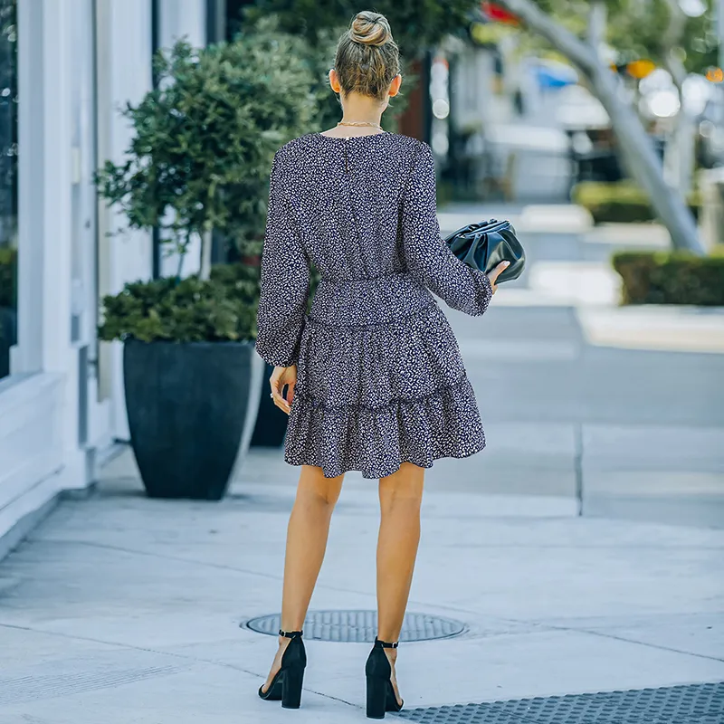 Women Fashion Leopard Ruffled Long Sleeve Dress