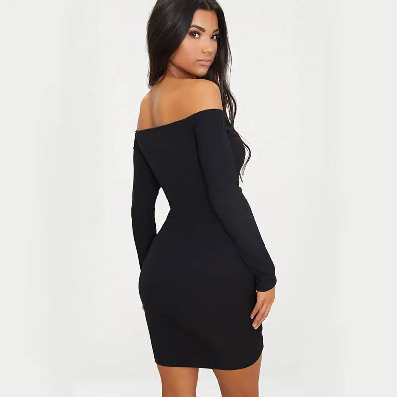 Women Sexy Off-The-Shoulder Long Sleeve Drawstring Mini Dresses