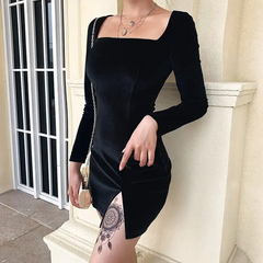 Women Fashion Solid Color Square Neck Pleuche Dress