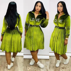 Woman Fashion Embroidery Drawstring Waist Pleated Dress