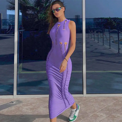 Women Sexy Solid Color Hollow Out Round Neck Sleeveless Maxi Bodycon Dress