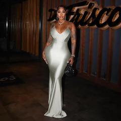Women Fashion Sexy V-Neck Strap Backless Solid Color Maxi Dress
