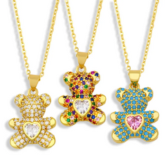 Women Fashion Set Multicolor Zircon Heart Bear Pendant Necklace