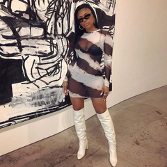 Women Sexy Stripe Printing See-Through Long Sleeve Mini Dress