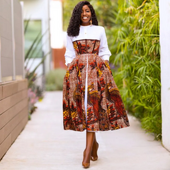 Women Fashion Floral Print Round Neckline Long Sleeve Midi Swing Dress
