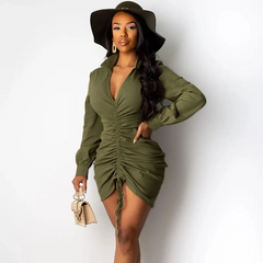 Women Solid Color V-Neck Long Sleeve Drawstring Lapel Dress