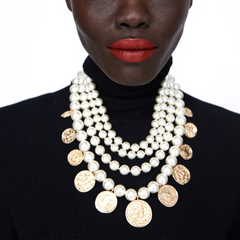 Women Fashion Exaggerated Bohemian Multilayer Pearl Gold Coin Necklace