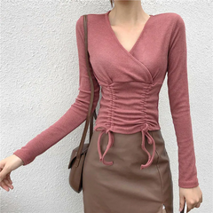 Women Fashion Solid Color V Neck Crease Top