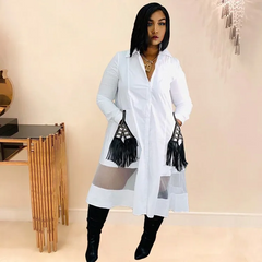 Woman Casual Fashion Mesh Patchwork Tassel Shirt Dress