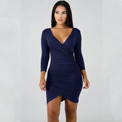 Women Solid Color Off Shoulder Long Sleeve Creased Wrap Dress