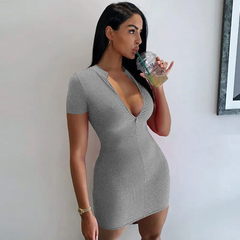 Women Basic Solid Color Short Sleeves Bodycon Zipper Dress