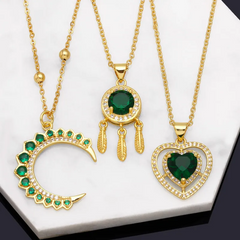 Women Fashion Geometric Heart Moon Green Zircon Necklace