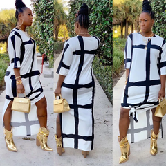 Women Black And White Plaid Seven Points Sleeve Loose Split Dress