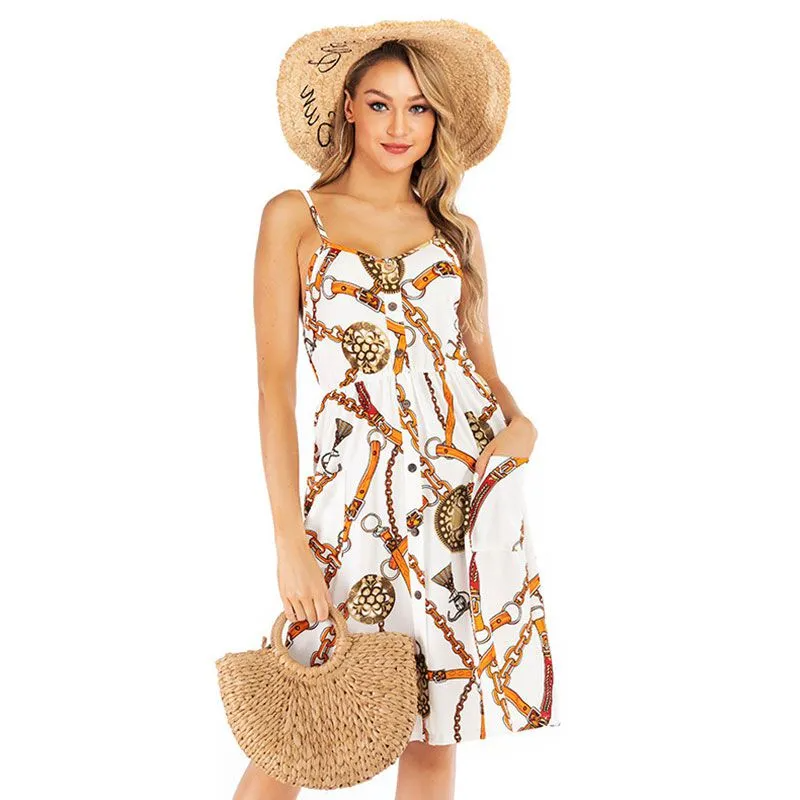 Women New Buttoned Defined Waist Design Graphic Print Slip Dress