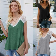 Women V-Neck Short-Sleeve Lace Patchwork Loose Blouse