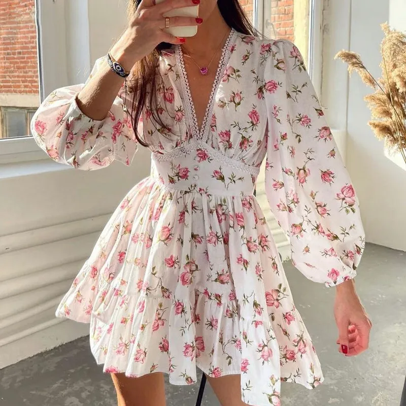 Tiny Flower Print V-Neck Long Sleeve Dress