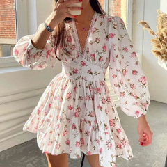 Tiny Flower Print V-Neck Long Sleeve Dress