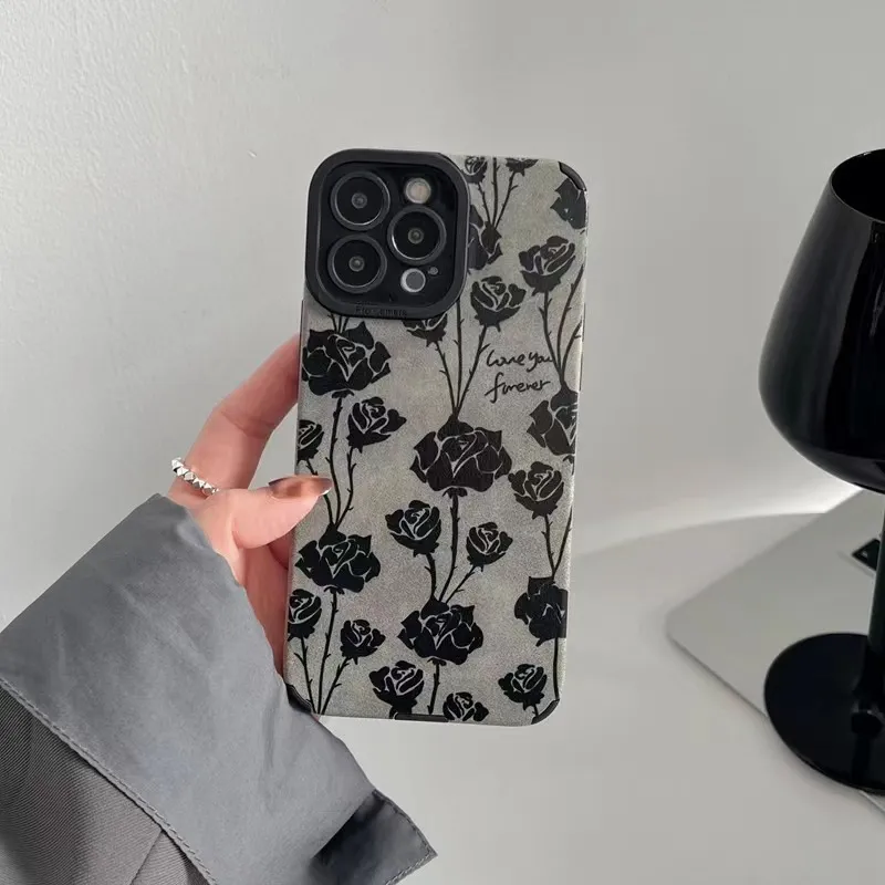 Grey Rose Print Iphone14promax Apple 13 Mobile Phone Case