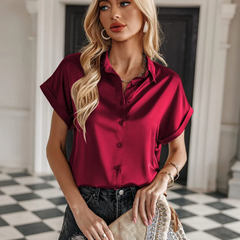 Women Fashion Solid Color Shaded Short Sleeve Button Blouses