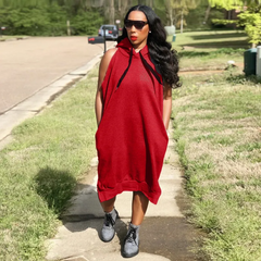 Plus Size Casual Women Summer Loose Large Size Fashion Solid Color Sleeveless Hooded Maxi Dress