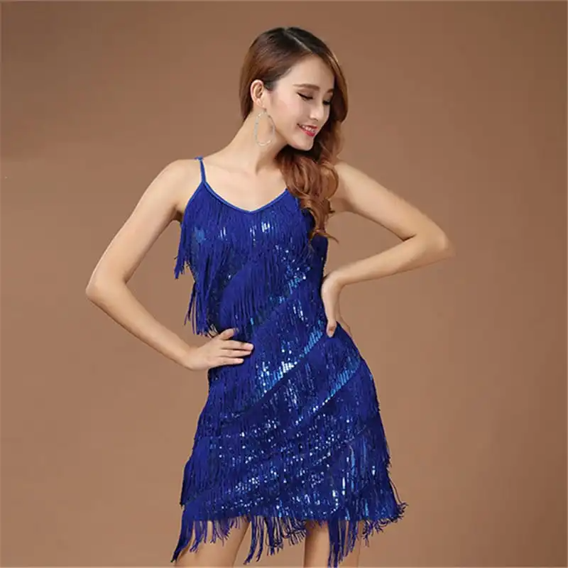 Women Sexy Sequins Tassels Decor Latin Ballroom Dance Dress