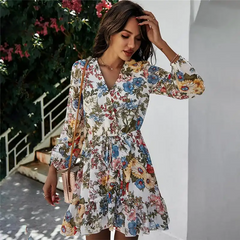 Women Fashion Flower Printed V Neck Wrap Dress