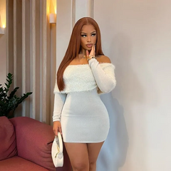 Off Shoulder Plush Long Sleeve Mini Dress