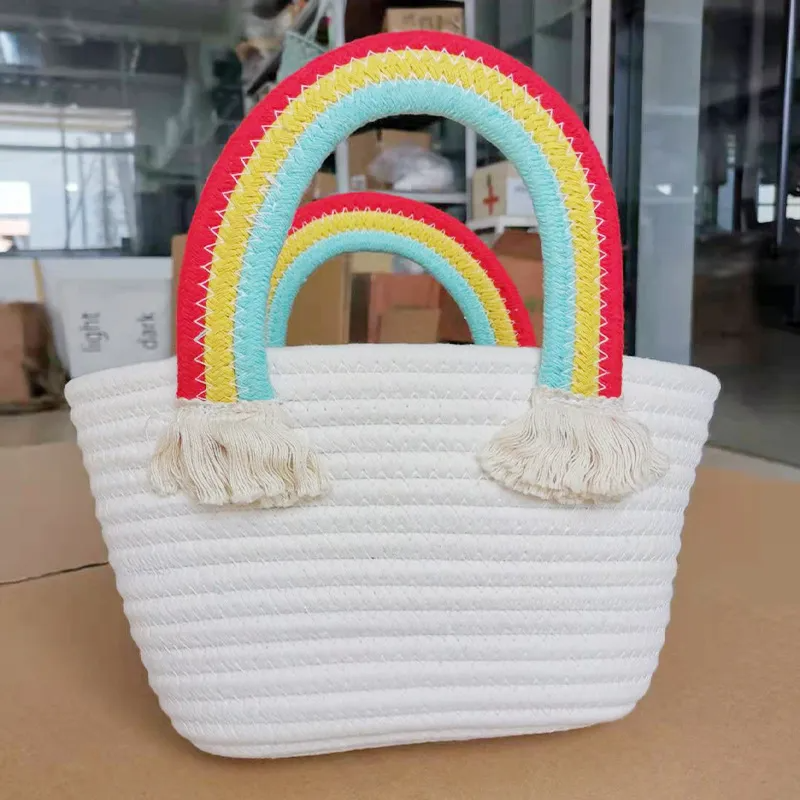 Women Cute Rainbow Clouds Woven Design Bucket Handle Bag