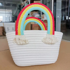 Women Cute Rainbow Clouds Woven Design Bucket Handle Bag