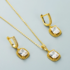 Temperament Square Zircon Pendant Decorated Copper Necklace And Stud Earrings Set