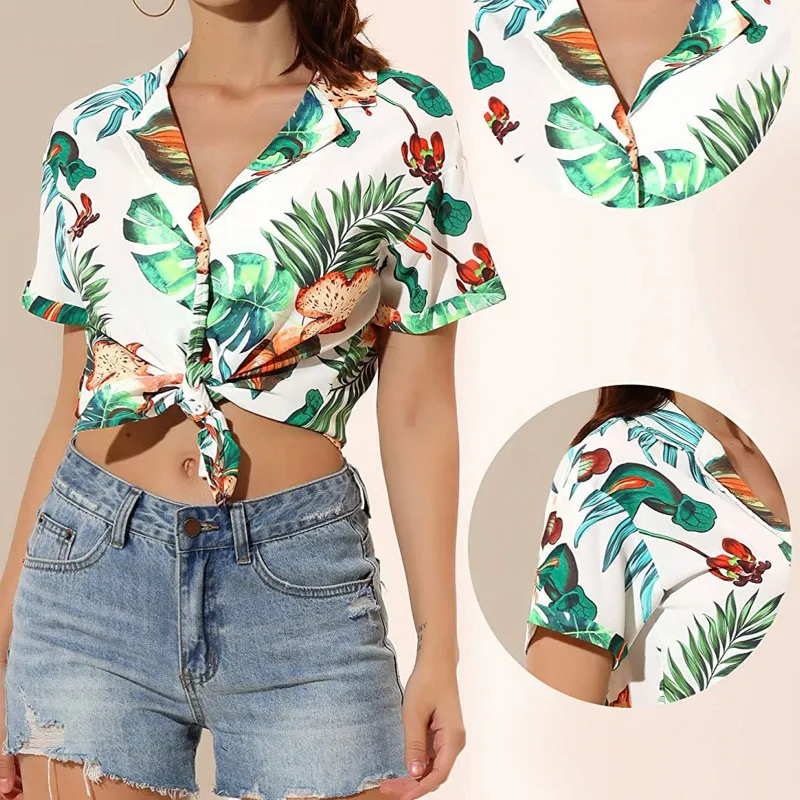 Summer Women Fashion Leaves Printing Short Sleeve Tropical Beach Button Down Cropped Blouse