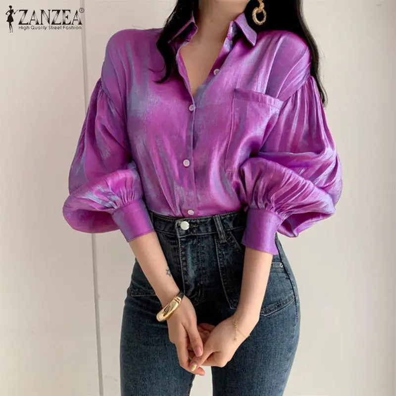 Women Fashion Solid Color Elegant Lapel Casual Long Puff Sleeve Blouse