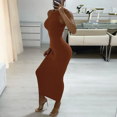 Women Fashion Solid Color Round Neck Sleeveless Slim Fit Dress