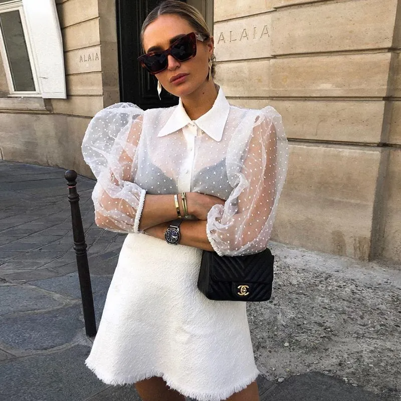Women Fashion Dotted Mesh Lantern Sleeve Blouses