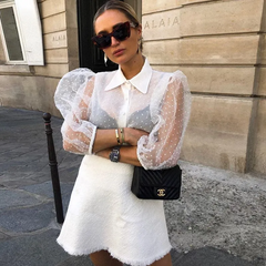 Women Fashion Dotted Mesh Lantern Sleeve Blouses
