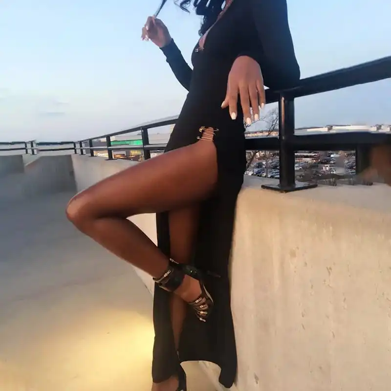 Women Fashion Solid Color V Neck Side-Slit Dress