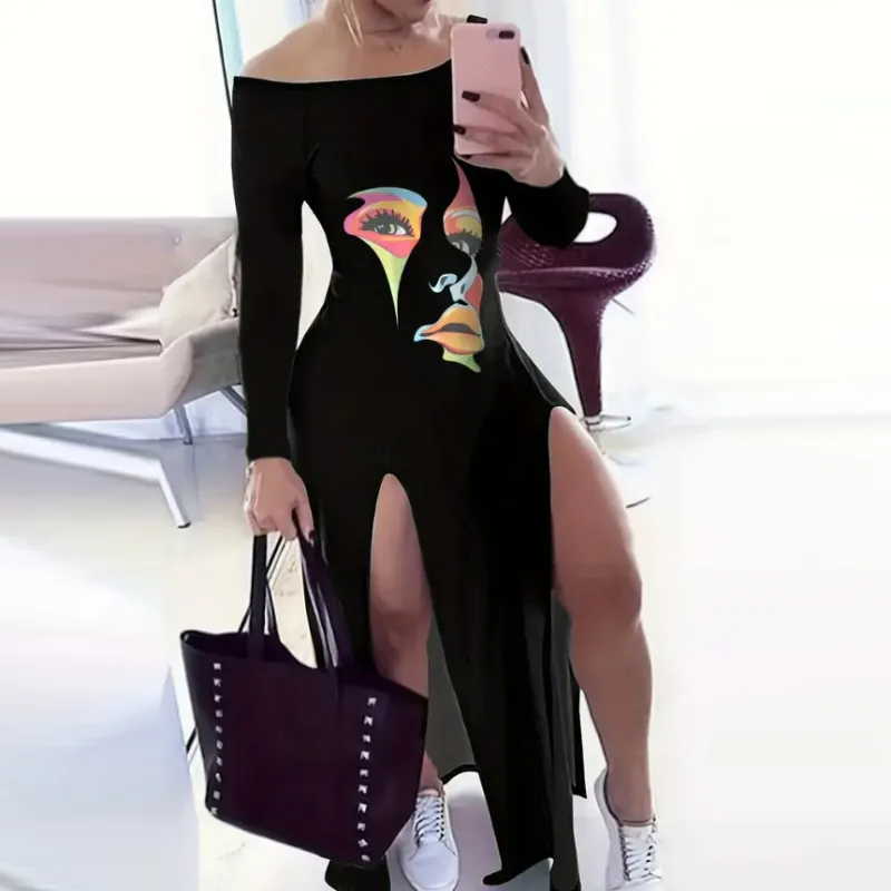 Women Fashion Sexy Off Shoulder Face Print Long Sleeve Split Maxi Dress