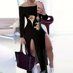 Women Fashion Sexy Off Shoulder Face Print Long Sleeve Split Maxi Dress
