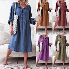 Women Lapel Single-Breasted Long-Sleeve Loose Dress