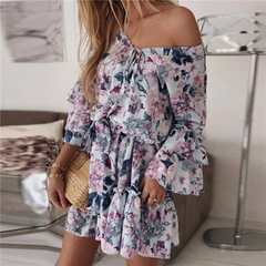 Women Casual Flower Print Flounced Long Sleeve Swing Dress