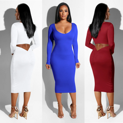 Sexy Scoop Neck Long-Sleeve Hollow Solid Color Bodycon Dress