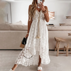 Summer Women Fashion Casual V-Neck Lace Irregular Strap Maxi Dress
