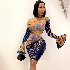 Women Sexy Graphic Printing Flare Sleeve Oblique Shoulder Dress